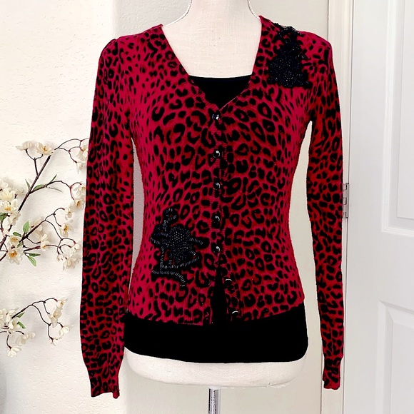 INC Animal Print Cardigan w/ Beaded Designs - Picture 1 of 13